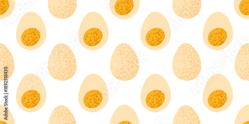 Egg breakfast food seamless pattern. Repeating flat cartoon design with whole and sliced eggs, ideal for food packaging, kitchen decor, textile, and cooking-related projects.