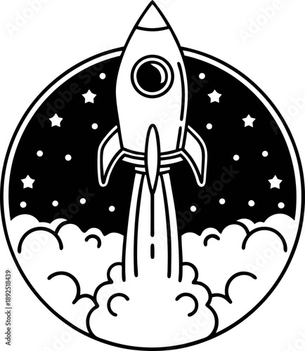 Rocket launch illustration with stars and smoke clouds in space, symbolizing exploration and innovation