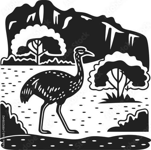 Emu walking in natural habitat surrounded by trees and hills in black and white silhouette