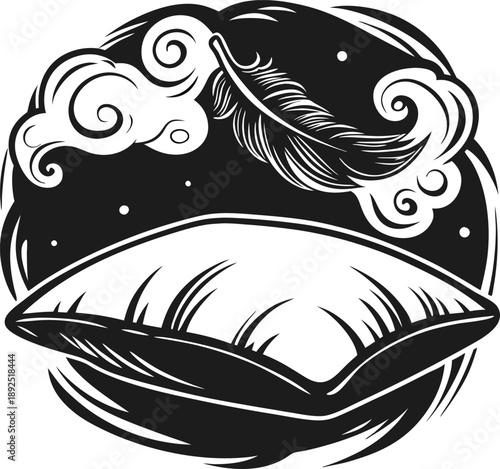 Soft pillow with feather floating above, surrounded by clouds and stars, symbolizing comfort and peaceful sleep