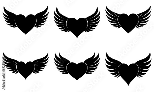 Collection of black heart-shaped wing illustrations on a plain background from various viewpoints