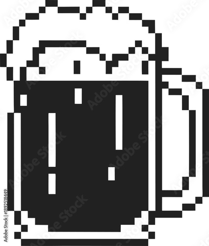 Pixel art black beer mug with frothy foam, retro gaming beverage icon illustration