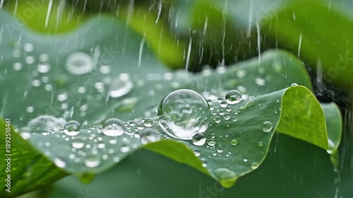 Slow-motion close-up of raindrops falling on a vibrant green lotus leaf, showing water droplets beads rolling off the surface due to the hydrophobic effect, representing purity and tranquility.