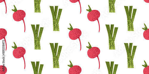 Spring vegetable seamless pattern with leek and radish elements. Fresh flat illustration for food packaging, kitchen textiles, wallpapers, branding, menus, and seasonal culinary design.