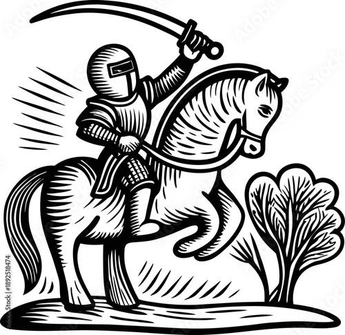 Medieval knight in armor wielding sword on horseback, charging forward with determination in historic battle scene