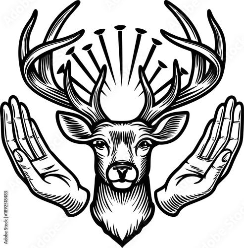Deer head with large antlers and raised open hands, mystical black and white illustration, surreal animal and human fusion design