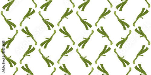 Seamless Pattern with Hand Drawn Green Leek. repeating pattern of hand drawn green leeks on a white background, ideal for fabric or packaging design.
