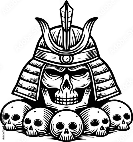Samurai skull with traditional helmet surrounded by multiple skulls, black and white warrior illustration