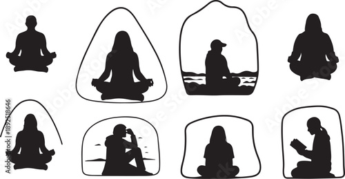 Meditation and yoga silhouettes in various peaceful poses depicted