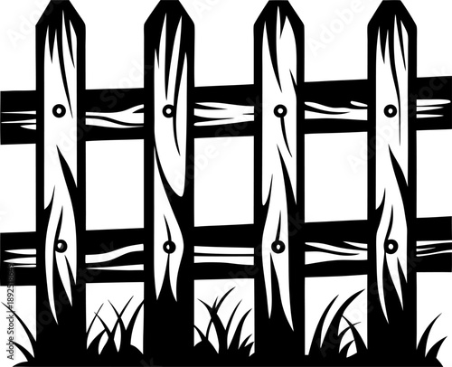 Wooden fence silhouette with vertical planks and grass at the base, rustic outdoor boundary design