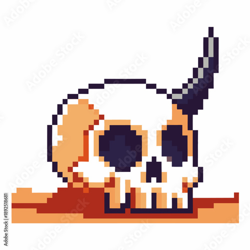 Pixel art skull with single black horn on white background, retro game illustration of fantasy creature head