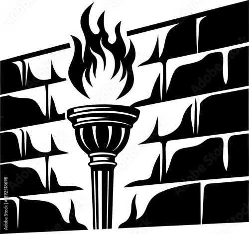 Flaming torch mounted on stone wall with bold flame and textured bricks background in black and white