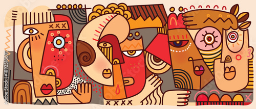 Abstract face portrait doodle, decorative line art cubism vector illustration. Artistic design art print, wall art, poster and decoration.