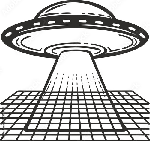 Ufo abducting grid surface with beam of light alien spaceship hovering over checkerboard pattern