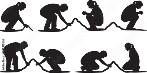 Silhouette of a person digging with a shovel sequence
