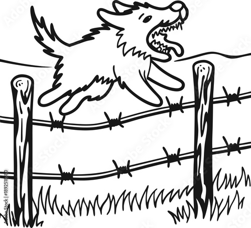 angry dog jumping over barbed wire fence in outdoor grassy field illustration