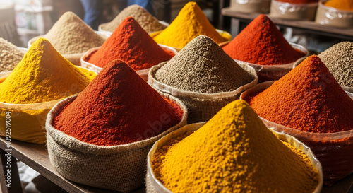 Vibrant Piles of Fresh Spices at Traditional Local Market Bazaar