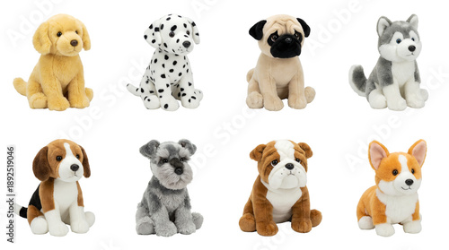 Plush dog toy set including golden retriever, dalmatian, pug, husky, beagle, schnauzer, bulldog, and corgi breeds isolated. Stuffed animal toy collection for children. © MDNANNU