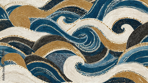 Vibrant swirling waves crash in a mesmerizing abstract ocean scene with blue, white, and gold hues.