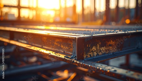 Close-up of metallic construction framework under warm sunset light, depicting rust, details, and golden hour effects