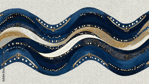 Abstract wave pattern with gold dots on dark blue background