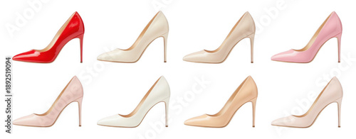 Collection of high-heeled shoes in various colors heels isolated on a transparent background