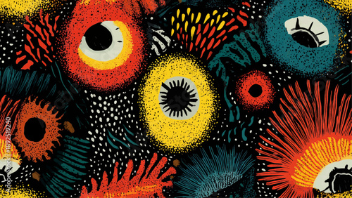 Vibrant illustration of multiple colorful eyes with various patterns and designs
