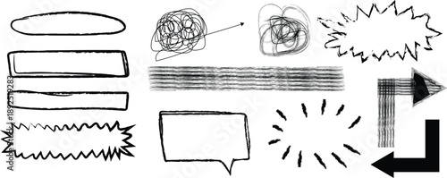 Collection of abstract shapes and lines in black and white