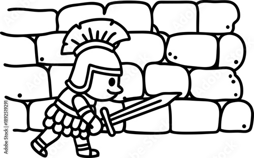roman soldier walking with sword near stone fortress wall, ancient warrior in helmet and armor