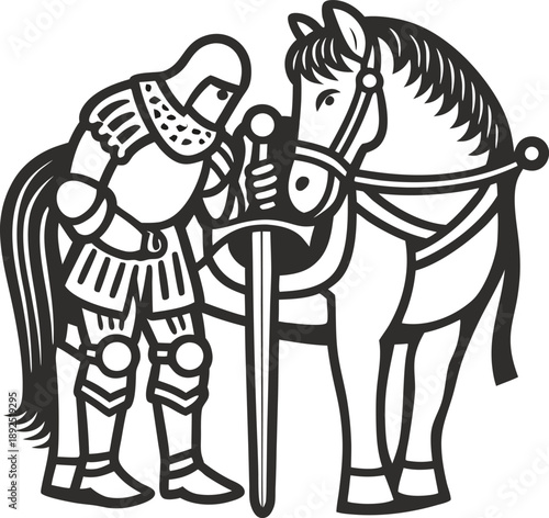 Medieval knight in armor with sword standing beside a saddled horse in black and white illustration