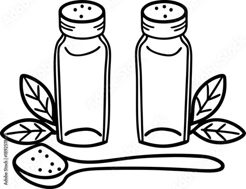 salt and pepper shakers with spoon and herbs, simple kitchen condiment set outline