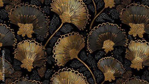 A stunning arrangement of ginkgo leaves forms an ornate pattern on a dark surface.