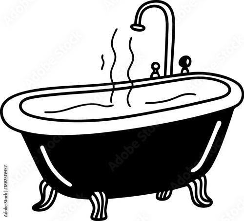 hot bath steaming in classic clawfoot bathtub with faucet and water waves