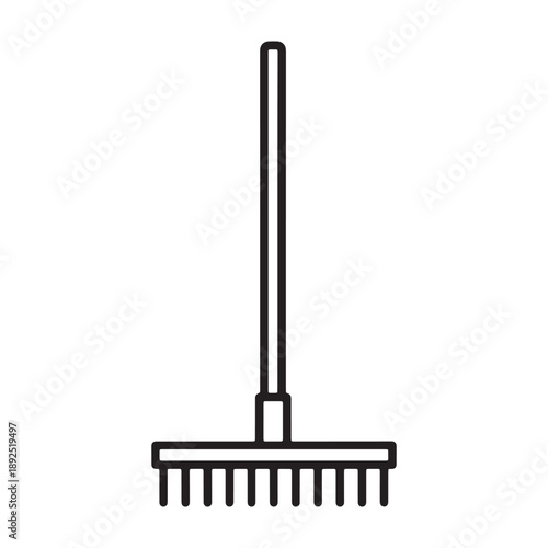 A simple line drawing of a garden rake for yard work silhouette vector outline icon use as a symbol, web graphic design, and infographic icon