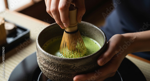 Traditional Japanese Tea Ceremony with Matcha and Handmade Ceramic Bowl