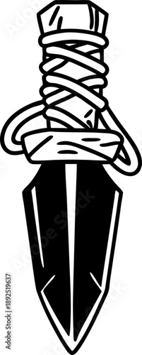 Ancient dagger with wrapped handle and double edged pointed blade, medieval weapon illustration