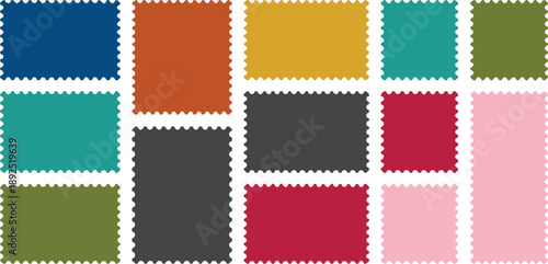 Colorful Postage Stamps: A collection of various colored postage stamps, a simple yet vivid display of diversity in color and shape.