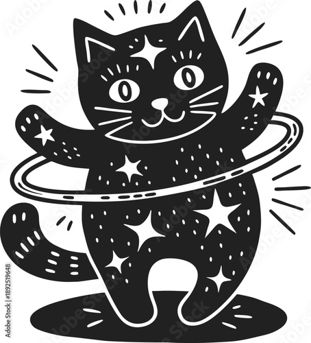 Playful cat with stars and hula hoop cute cosmic feline character with joyful expression and magical night sky pattern