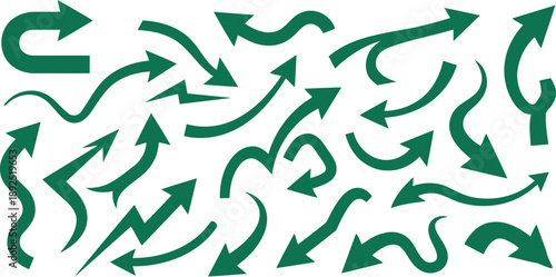 Arrow Dynamics: A dynamic array of green arrows, each pointing in a unique direction, create a visually captivating pattern, ideal for conveying movement, guidance, or choice.