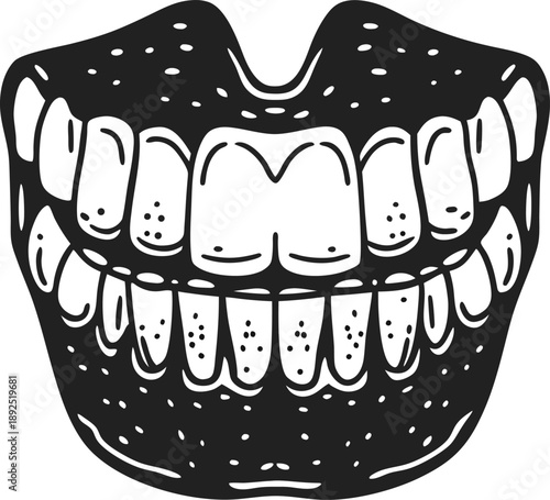 Illustration of upper and lower human teeth with gums in black and white dental diagram