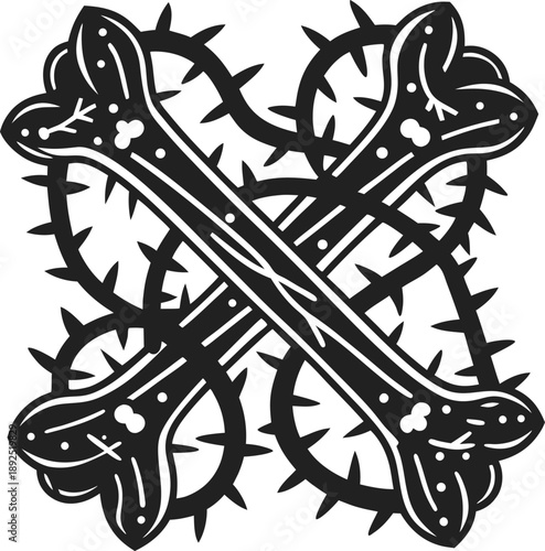 Crossed bones and circular thorny vine design in black and white gothic illustration