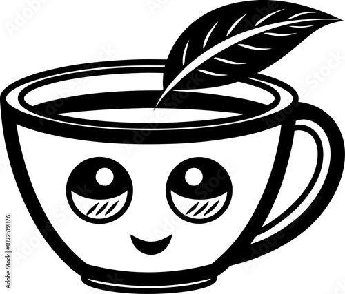 Cute smiling tea cup with a leaf, kawaii face, happy beverage concept illustration