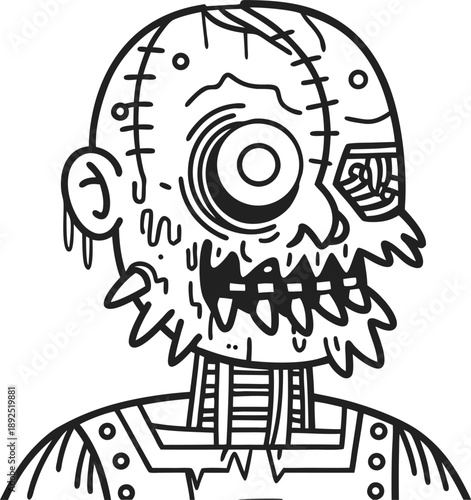 zombie with decayed face and exposed bones, dripping slime, horror character illustration