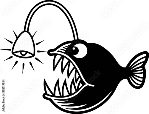 Anglerfish with glowing lure and sharp teeth silhouette, deep sea predatory fish illustration