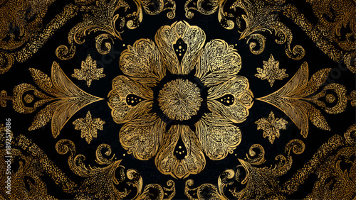 Intricate gold floral pattern on black background with ornate details and swirling shapes