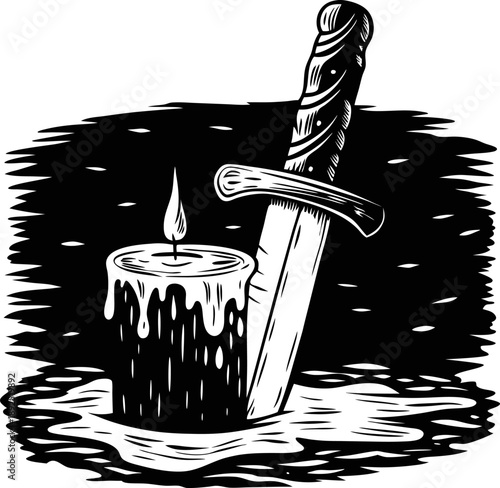 Candle with dripping wax next to dagger stabbed into surface, black and white gothic illustration of dark candlelight and weapon