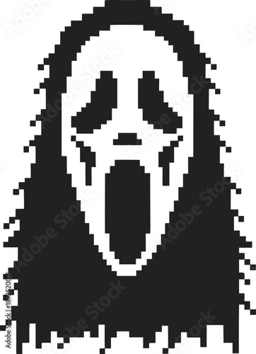 Pixelated ghost face with long hair, open mouth horror expression, spooky halloween digital art