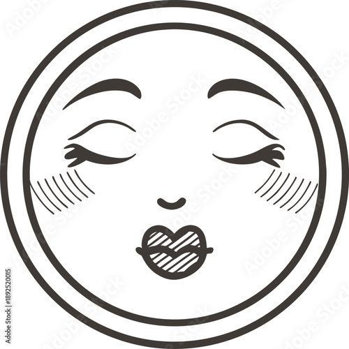 Round face with closed eyes and puckered lips blowing a kiss, simple line art illustration