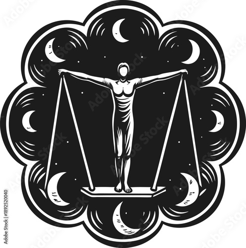 Libra zodiac symbol stylized figure balancing scales, crescent moons in celestial circle, astrology and cosmic harmony concept
