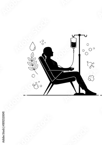 Vitamin IV Drip Therapy Silhouette, Wellness Lounge Longevity Treatment, Biohacking Nutrition and Hydration Concept Vector